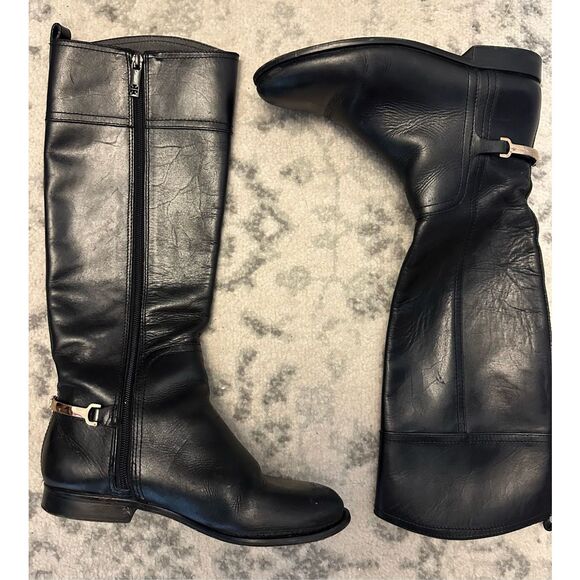 Tory Burch Black Leather Jess Riding Boots Gold Tone Heel Stirrup 7.5 - Picture 1 of 11